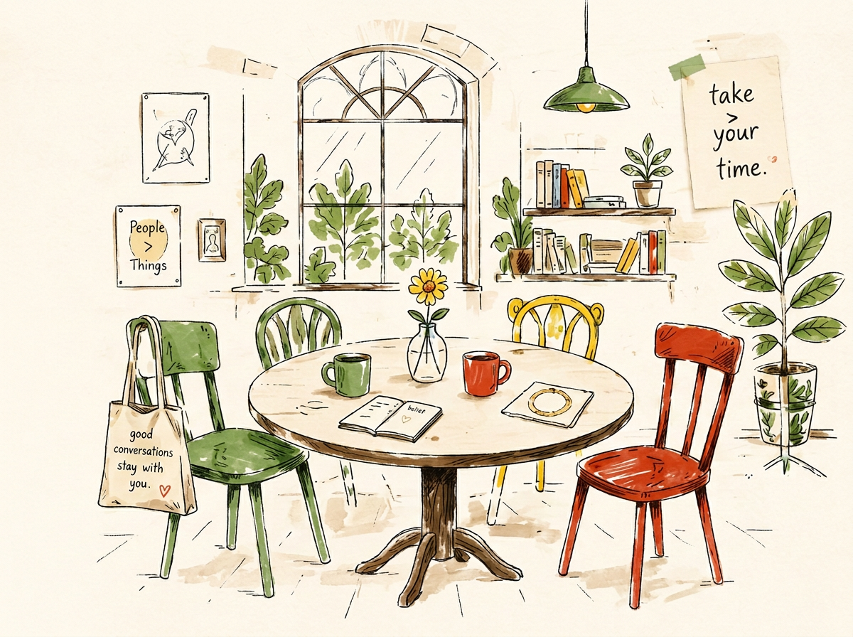 A hand-drawn café interior with a round table, mismatched wooden chairs in green, mustard and red, coffee mugs, a flower vase, an arched window with plants, a pendant lamp, a bookshelf, a pinned note that reads take your time, and a tote bag with the phrase good conversations stay with you.